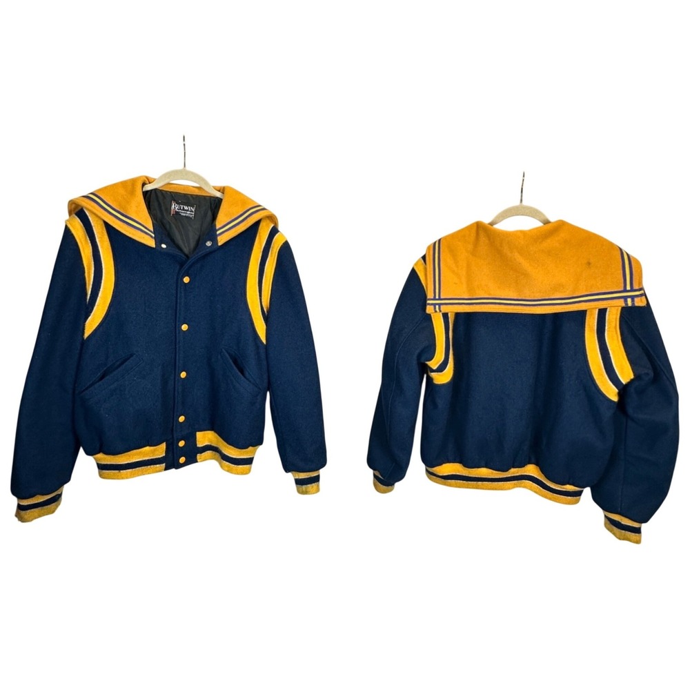 Butwin Vintage Sailor Collar Varsity Jacket Navy Blue Yellow Wool Letterman